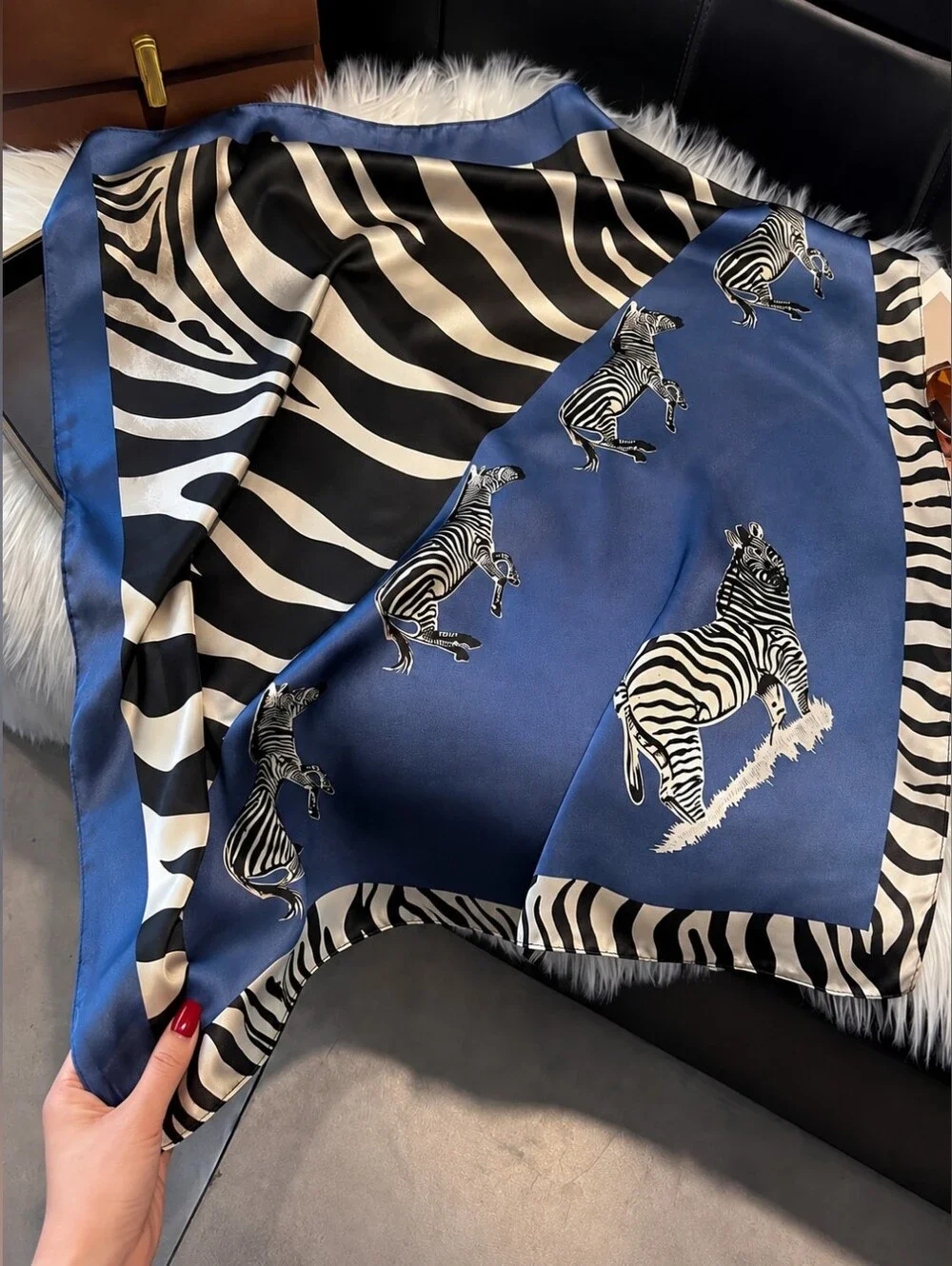 Zebra Print Scarf – Blue, Black & CreamAdd a little wild style to your look! 🦓